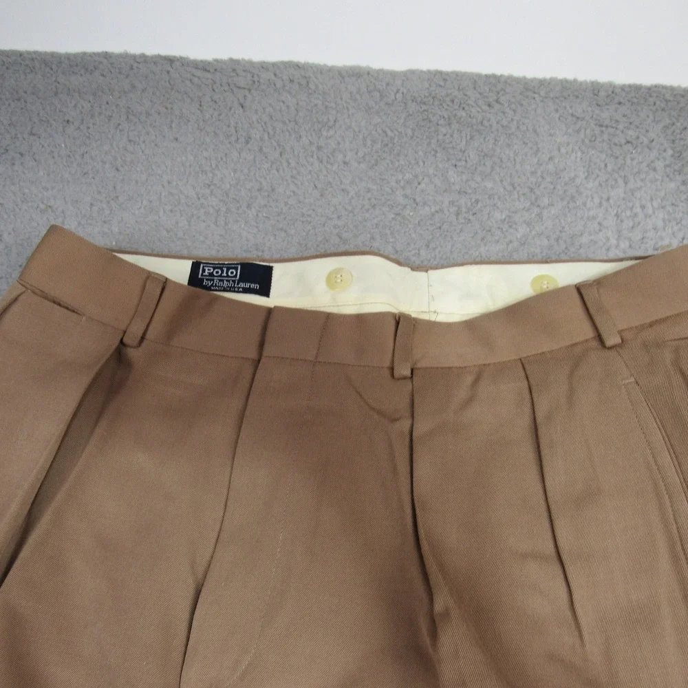 Polo Ralph Lauren Tan Brown Pleated Cuffed Trousers Mens 33x26.5 Made in USA